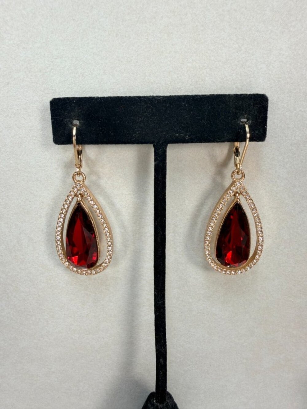 Anne Klein Red Crystal Teardrop Drop Earrings Gold Tone Rhinestone